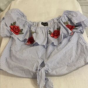 World Together Blue/White Striped Off-Shoulder Top with Red Rose Appliqués